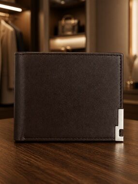 Men’s Dark Brown Premium Leather Bifold RFID Blocking Etched Design Wallet NWT